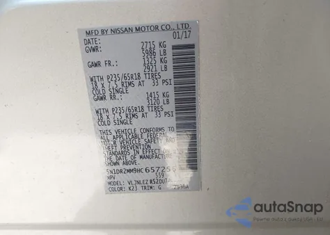 2017 Nissan Pathfinder S/Sv/Sl/Platinum из США, поврежденный, VIN 5N1DR2MM9HC657255